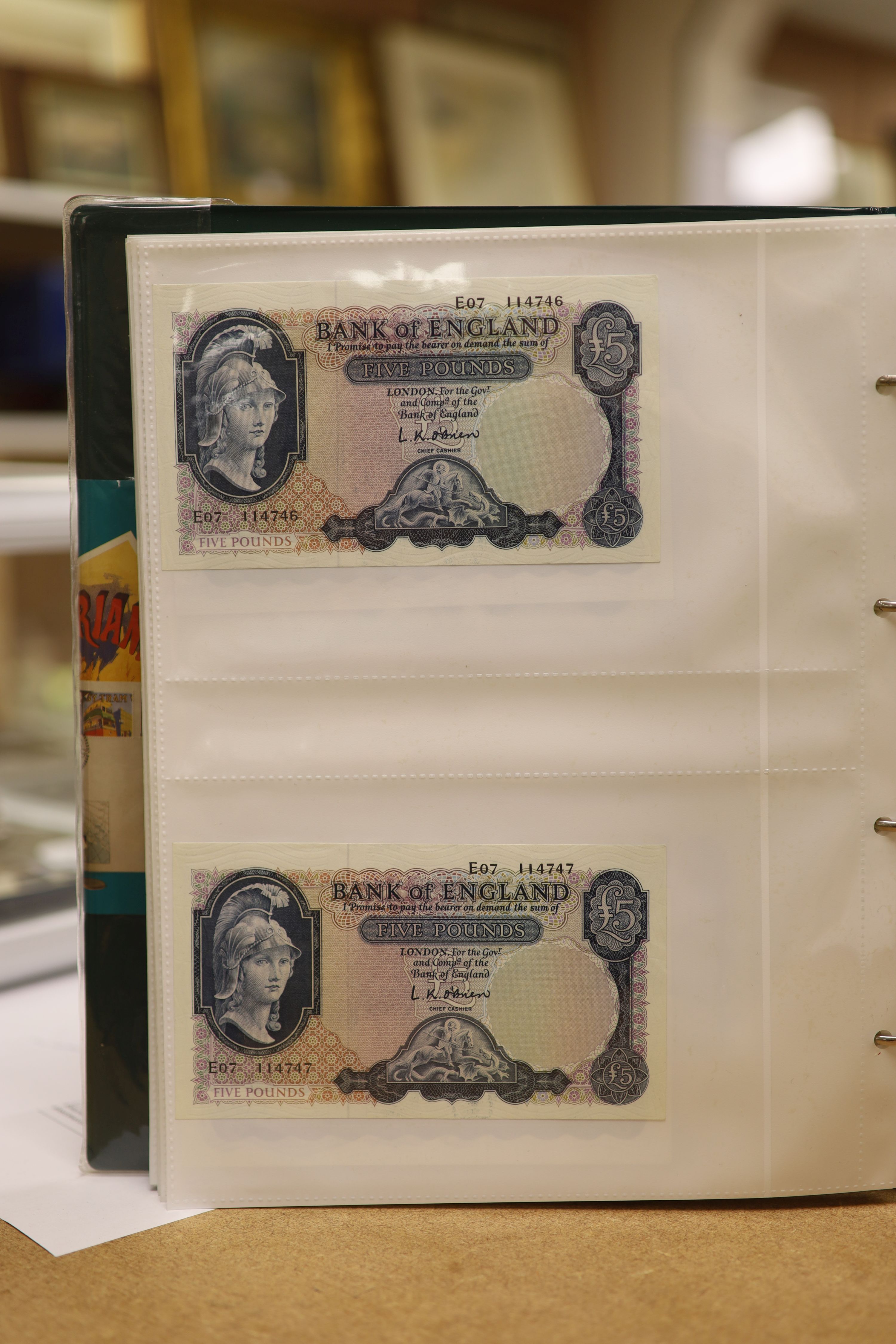 A collection of Bank of England and Scottish banknotes to include: 21 QEII 10 shillings, 14 O'Brien and Beale 10 shillings, 1 Peppiatt 10 shillings, 4 Hallam one pound notes, 18 O'Brien or Beale one pound notes, 8 Peppia